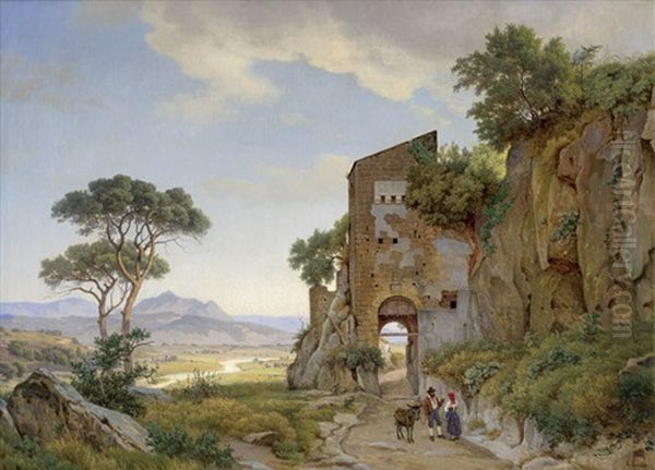 Idyllische Vormittagszene Vor Dem Eingangstor Von Civita Castellana, Im Hintergrund Der Monte Soracte Oil Painting by Anders Christian Lunde
