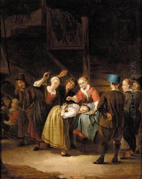 Interior With Figures Playing La Main Chaud Oil Painting by Gerrit Lundens