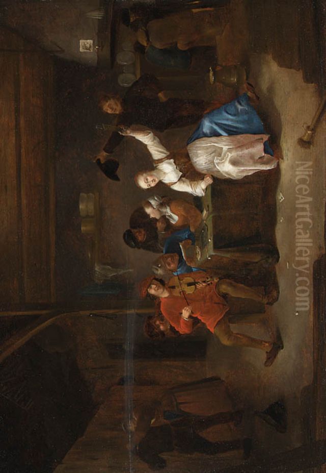 Peasants Making Music In A Tavern Oil Painting by Gerrit Lundens