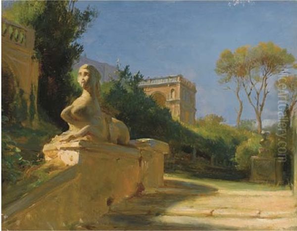 Le Parc D'une Villa A Rome, Avec Un Sphinx Au Premier Plan Oil Painting by Egron Sellif Lundgren