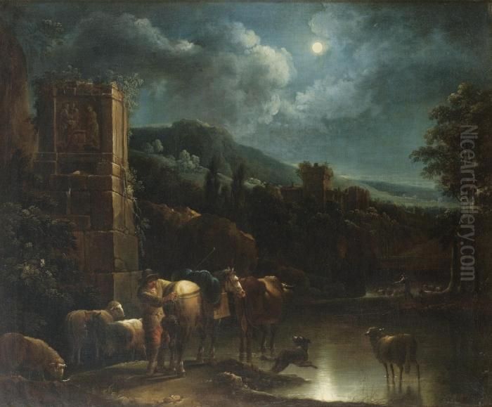 A Peasant With His Flock By A Ford By Moonlight Oil Painting by Nicolaes Berchem