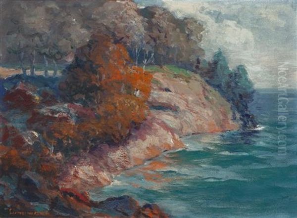 Red Rocks From Presque Isle Oil Painting by Leon Lundmark