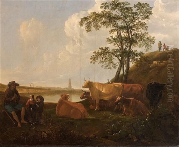 Le Repos Du Patre Et De Son Troupeau Pres D'une Riviere Oil Painting by Nicolaes Berchem