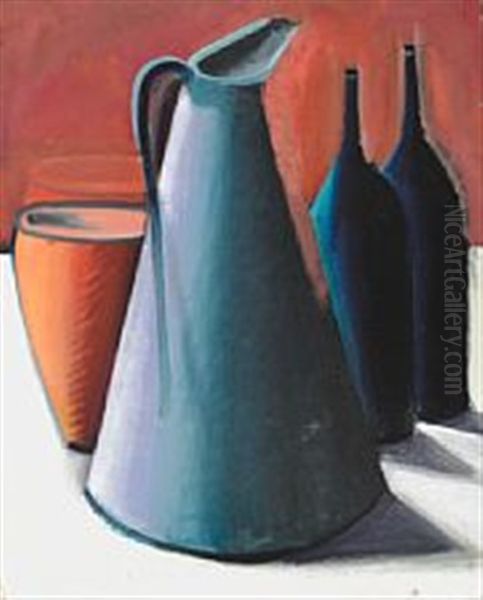 Still Life With Brown Jar, Large Jug And Two Bottles Oil Painting by Vilhelm Lundstrom