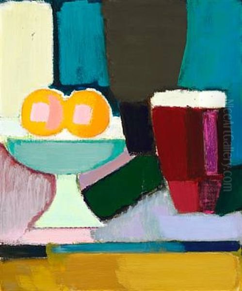 Opstilling. Hvid Opsats Med To Appelsiner Og Morklilla Krukke Med Hvidt Lag (still Life. White Centrepiece With Two Oranges And Dark Purple Jar With White Lid) Oil Painting by Vilhelm Lundstrom