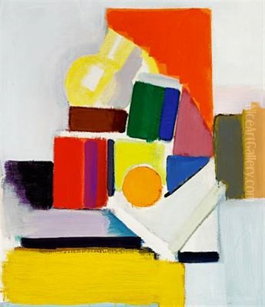 Opstilling Med Gul Kande, Boger Og Appelsin Pa Bord Oil Painting by Vilhelm Lundstrom