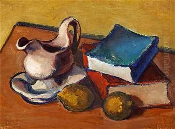 Opstilling Med Saucekande, Citroner Og Boger Pa Bord Oil Painting by Vilhelm Lundstrom