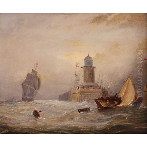 A Ship Coming Into Harbour With A Lighthouse On The Harbour Wall Oil Painting by Thomas Luny