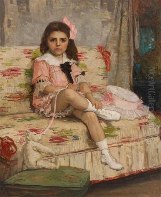 Jeune Fille Avec Son Ours En Peluche Oil Painting by Emile Berchmans