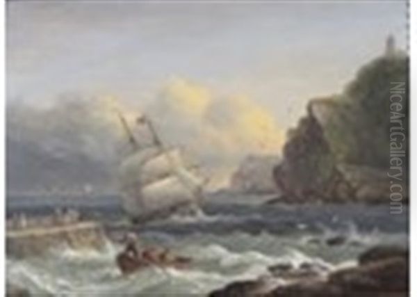 Portreath, Cornwall, A Fishing Boat And Rowing Boat By A Pier Oil Painting by Thomas Luny