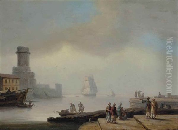 A Peaceful Day In An Eastern Harbour Oil Painting by Thomas Luny