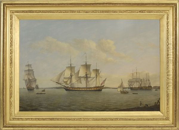 The East Indiaman King George, In Three Positions On The Thames River Off Greenwich Oil Painting by Thomas Luny