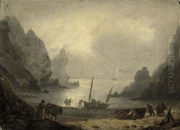 A Rocky Coastal Inlet With Fishermen And Their Boats On The Beach Oil Painting by Thomas Luny