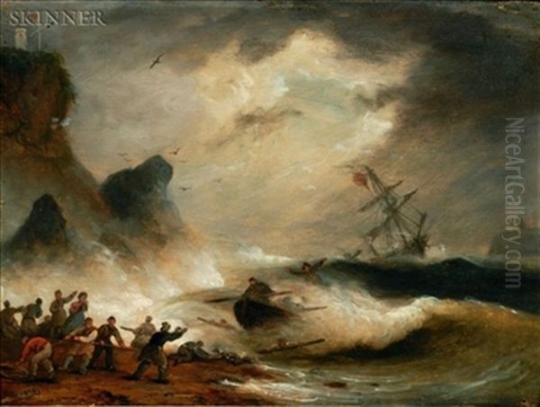 The Wreck Of The Brig "warren" Of Whitehaven (+ Another; Pair) Oil Painting by Thomas Luny