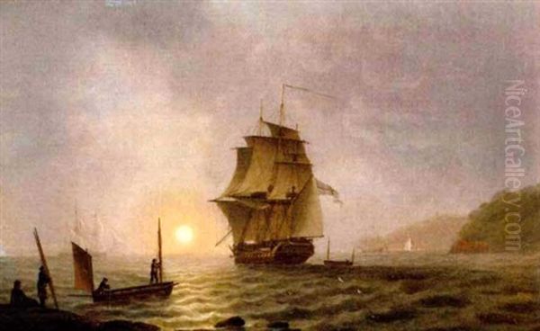 A Misty Morning - Frigate Leaving Portsmouth Sound Oil Painting by Thomas Luny