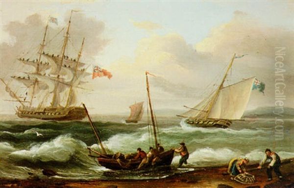 An Armed Cutter Approaching A Frigate Making Sail Off Shore Oil Painting by Thomas Luny