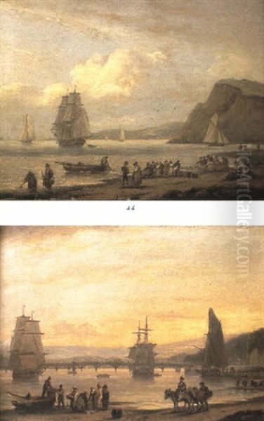 Fisherfolk Hauling In Nets, Ships Off Coast Oil Painting by Thomas Luny