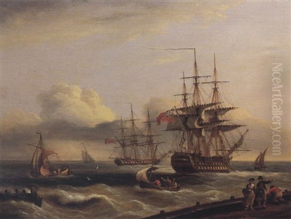 An English Frigate And A Ship Of The Line Getting Underway  In A Fresh Breeze Oil Painting by Thomas Luny