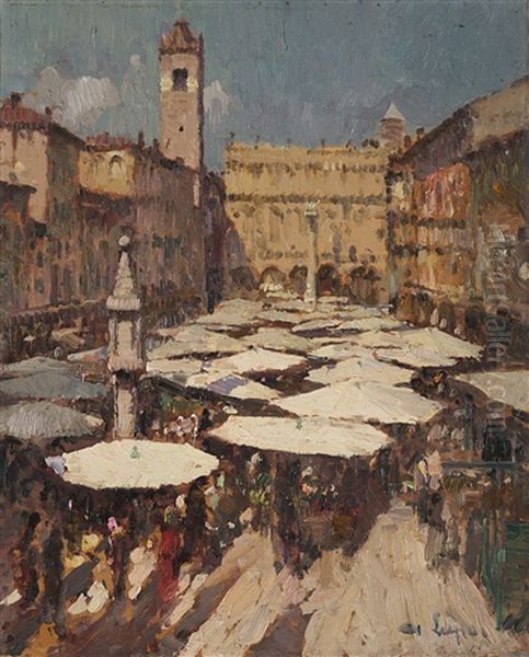 Mercato In Piazza Delle Erbe. Verona Oil Painting by Alessandro Lupo