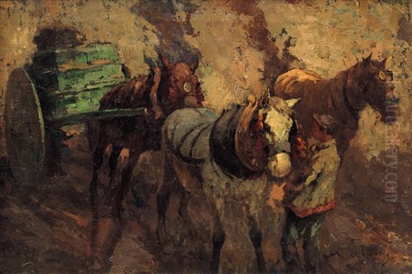 La Carrozzella Ed Il Piccolo Fioraio Oil Painting by Alessandro Lupo