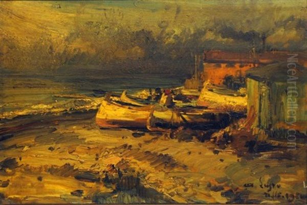 Fishing Boats On A Shore Oil Painting by Alessandro Lupo