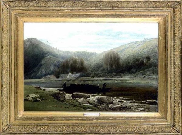 Barge Chargee De Foin Traversant Une Riviere Oil Painting by Gerard Joseph Adrian van Luppen