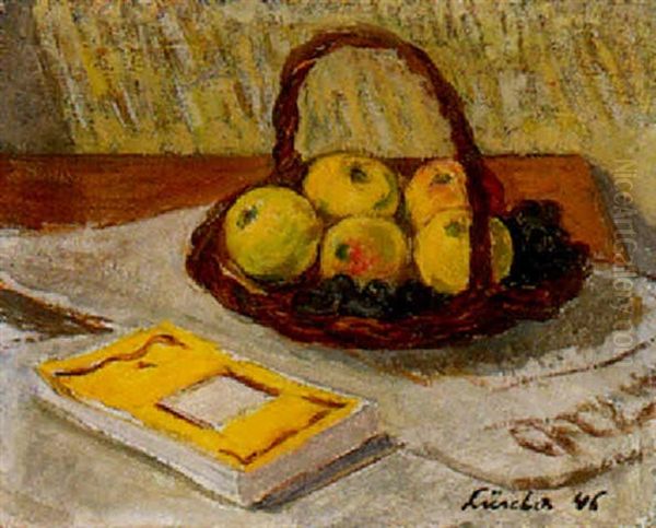 Stilleben Mit Buch Und Fruchten Oil Painting by Jean-Jacques Luscher