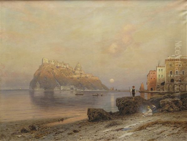 Blick Von Ischia Auf Das Castello Aragonese Bei Sonnenuntergang Oil Painting by Ascan Lutteroth