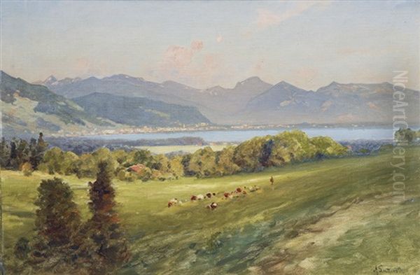 Lake Geneva With The City Of Montreux Oil Painting by Ascan Lutteroth