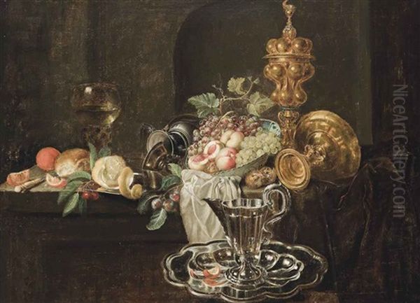 An Orange, Bread And A Knife, With A Partly Peeled Lemon And Cherries On A Silver Tray, Peaches, Grapes And A Medlar In A Porcelain Bowl, With An Upturned Tazza And A Silver Guilt Cup And Cover, On A Partly Draped And A Jug On A Tray Oil Painting by Simon Luttichuys