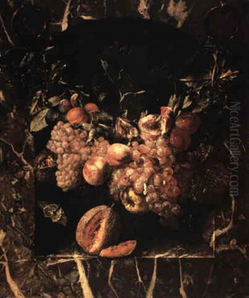 Swag Of Fruit In A Marble Niche With A Melon On The Ledge Oil Painting by Christiaan Luycks