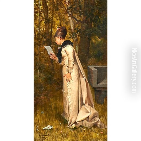 Woman Reading In The Garden Oil Painting by Theophile Lybaert