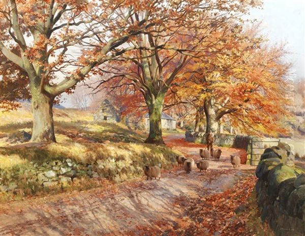 Shepherd And His Flock On A Country Lane Oil Painting by John Howard Lyon