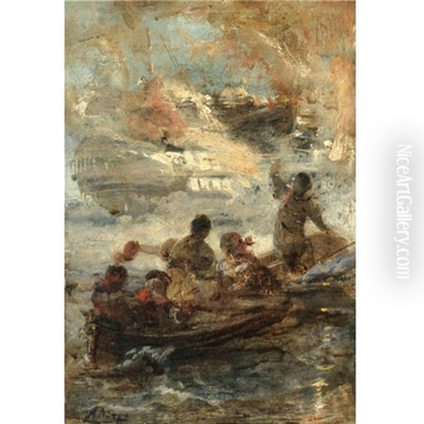 The Sinking Of The Turkish Flagship By Kanaris Oil Painting by Nikiforos Lytras