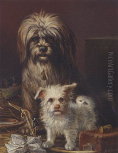 Tre Hunde I Et Interior Oil Painting by Niels Aagaard Lytzen