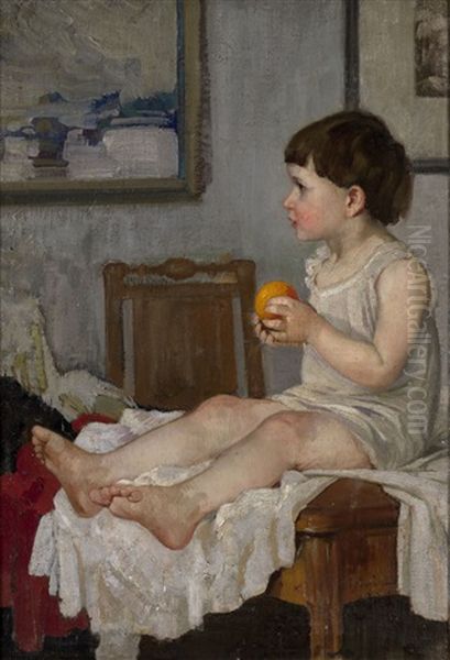 Portrait Of A Child With An Orange Oil Painting by Alexander Lyubimov