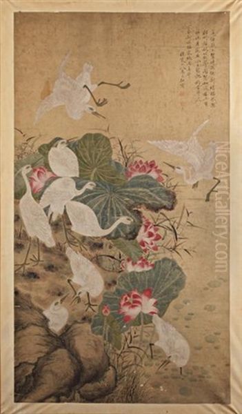 Les Grues, Dont Deux Sont En Vol, Les Autres Evoluant Sur Les Berges D'un Plan D'eau, Parmi Des Lotus En Fleurs Oil Painting by Ma Yuanyu