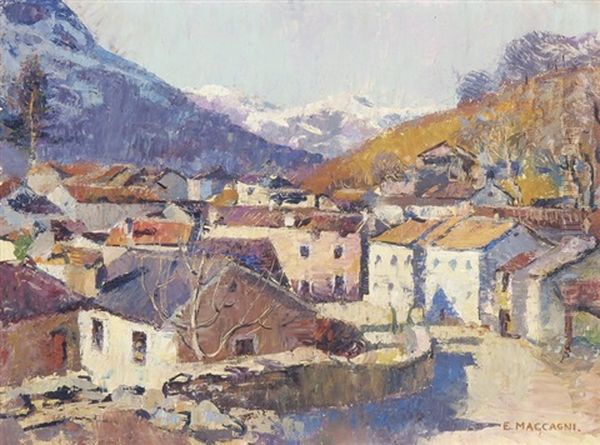 Villaggio Al Sole - Bironico Oil Painting by Emilio Maccagni