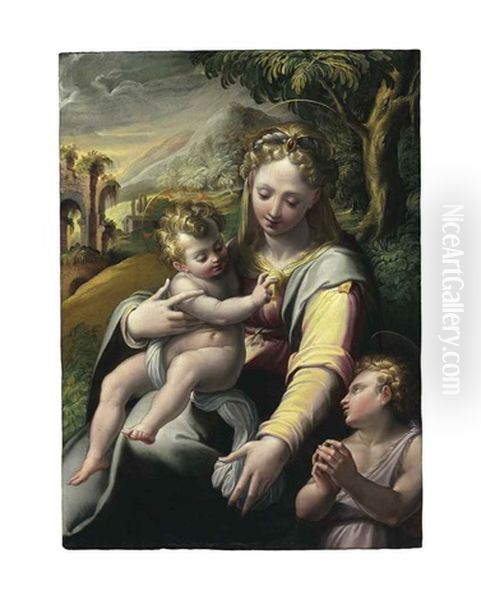 The Madonna And Child With Saint John The Baptist Oil Painting by Girolamo Del Crocifissaio (see Macchietti)