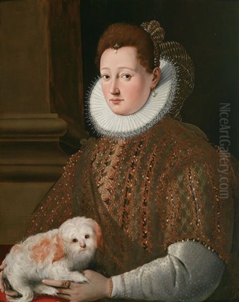 Bildnis Einer Dame Mit Einem Schoshund Oil Painting by Girolamo Del Crocifissaio (see Macchietti)