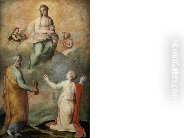 The Madonna And Child Surrounded By Angels, With Saint Peter And A Female Saint Oil Painting by Girolamo Del Crocifissaio (see Macchietti)