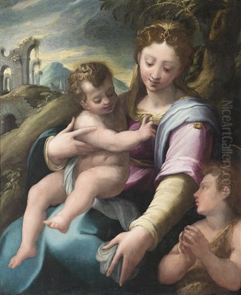 Madonna Mit Kind Und Dem Johannesknaben Oil Painting by Girolamo Del Crocifissaio (see Macchietti)