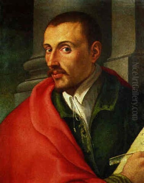 Bildnis Eines Herrn In Rotem Mantel Oil Painting by Girolamo Del Crocifissaio (see Macchietti)