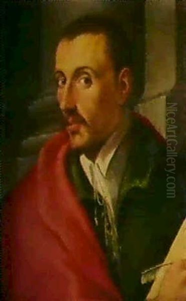 Bildnis Eines Herrn In Rotem Mantel Oil Painting by Girolamo Del Crocifissaio (see Macchietti)