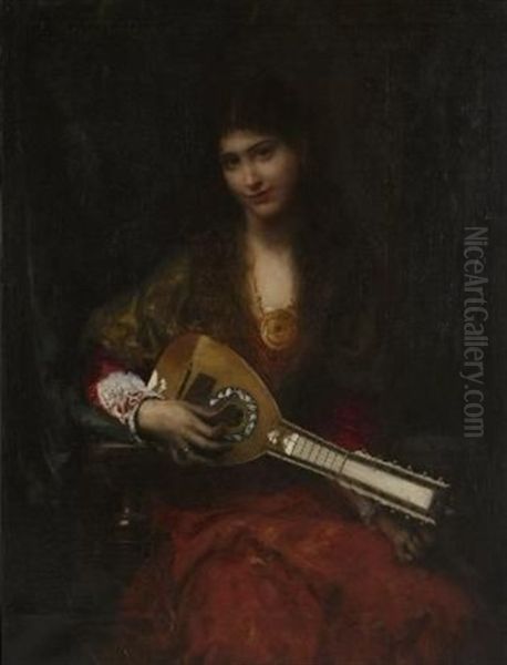 La Joueuse De Mandoline Oil Painting by Jules Machard