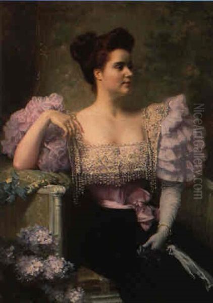 Jeune Femme En Tenue De Soiree Assise Pres D'un Bouquet D'hortensias Oil Painting by Jules Machard