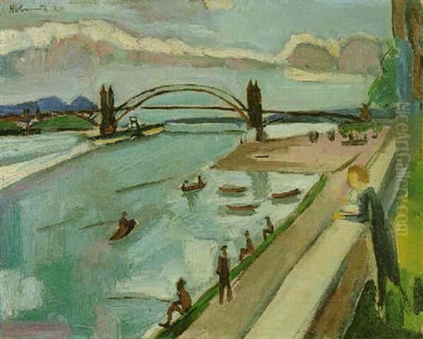 Rheinbrucke Bei Krefeld Oil Painting by Helmuth Macke