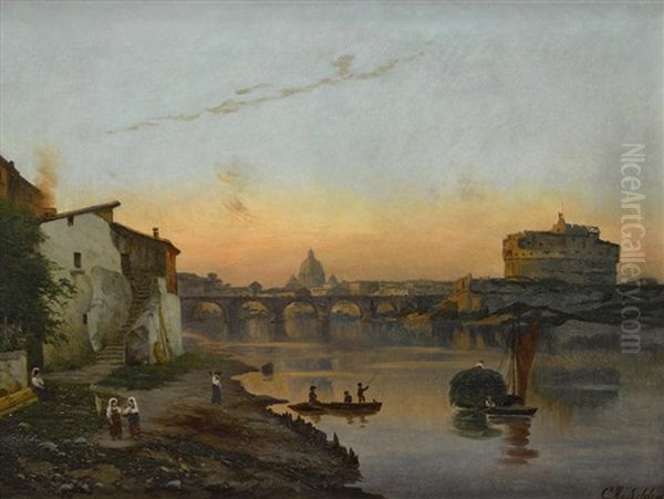 A View Of St. Peter's Basilica And Castel Sant'angelo, Rome Oil Painting by Bernhard Karl Mackeldey