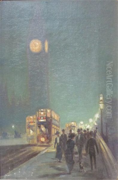 A London Bridge By Lamplight And Horseguard (2 Works) Oil Painting by Roderick D. Mackenzie