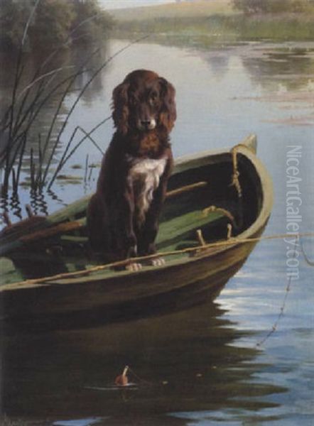 Jagthund I En Robald Vogtende Pa Fisketangen Oil Painting by Adolf Heinrich Mackeprang